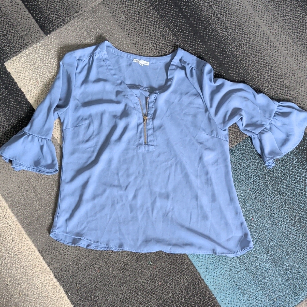 New York & Company Light Blue Ruffle Sleeve Zip Front Blouse